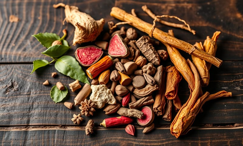 中藥材示意圖：包含生地黃、牡丹皮、赤芍等常用於清熱涼血、活血化瘀的藥材。