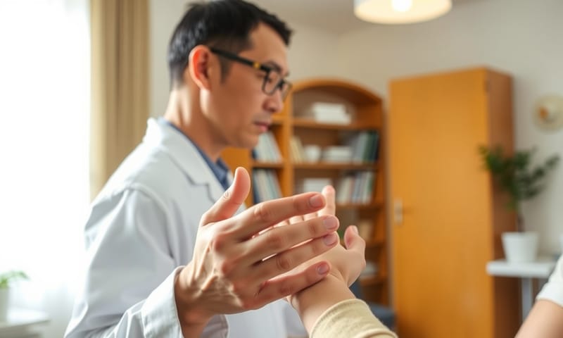 中醫師為患者進行手部關節的觸診，展現望聞問切的過程。