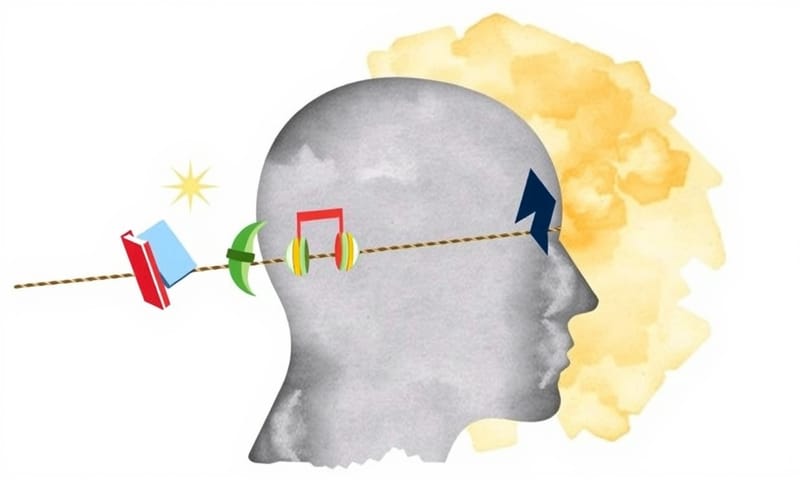 水彩風格插畫，描繪大腦中健康的興趣（書本、音樂、運動）與有害的藥物之間的拔河比賽。