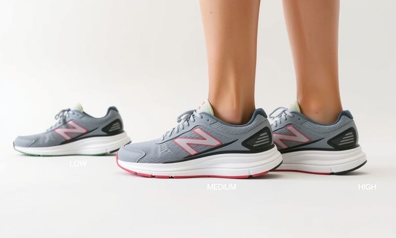 不同中底厚度的跑鞋，從左至右：低、中、高。