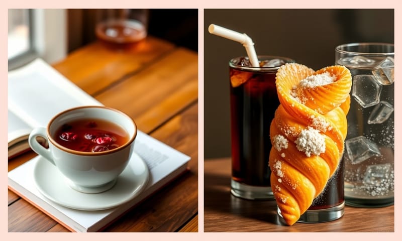 日常養生茶飲與精緻甜點的對比，象徵飲食選擇