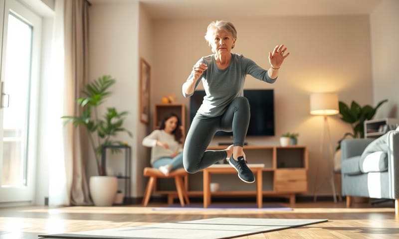 一個人在家中客廳安全地進行原地跳躍練習