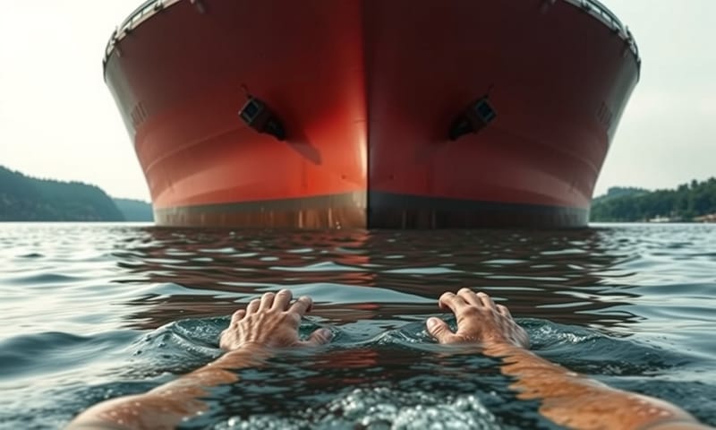 從水面視角看過去，遠方的油輪真的有種莫名的壓迫感。