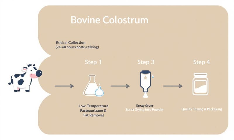 初乳從收集到製成粉末的流程示意圖