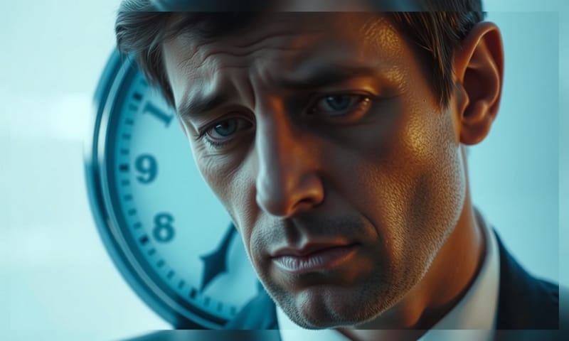 一名疲憊的上班族，影像與時鐘重疊，象徵生理時鐘混亂。