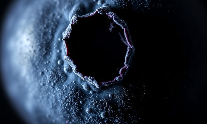 一顆藍莓的特寫，展現其表面的天然紋理與果霜。