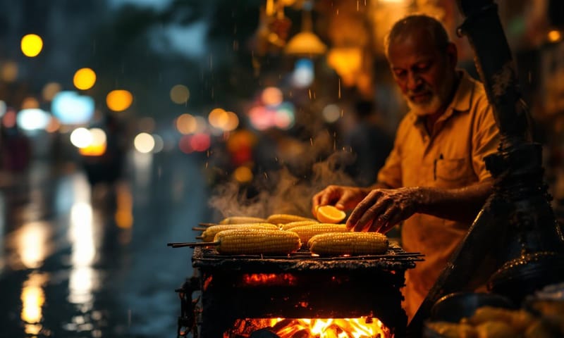 印度街頭在雨季中販賣 Bhutta 的經典場景