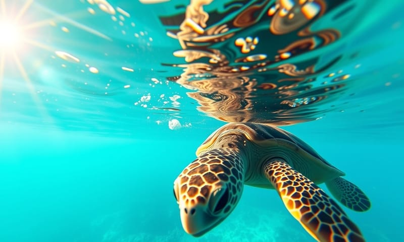在清澈海水中與海龜共游的浮潛視角