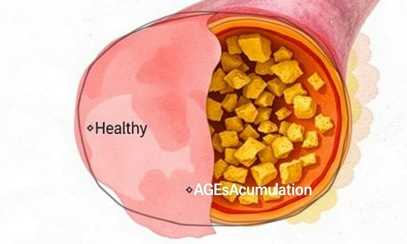 健康的血管內壁平滑有彈性，而AGEs等物質的累積則可能導致其發炎與硬化。