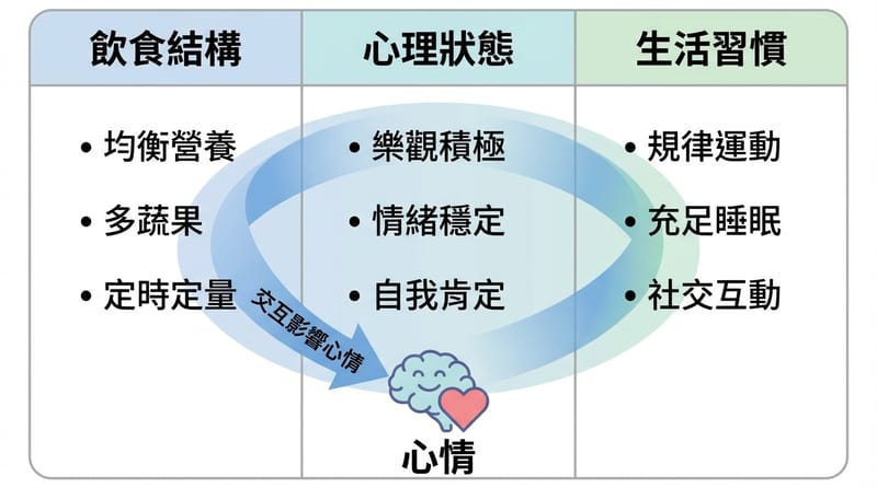 飲食結構、心理狀態與生活習慣的三角關係比較圖