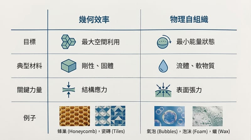 比較一下：六角形是「幾何省料」還是「物理自整形」？