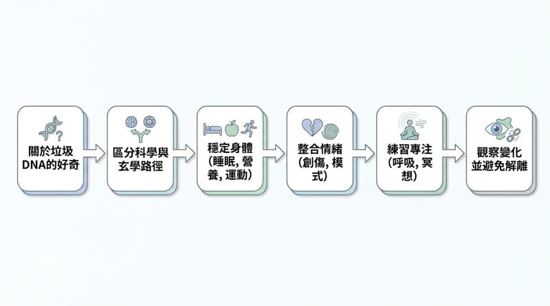 圖片 1（前段｜總覽）：把「玄學 DNA 覺醒」翻成「可落地的身心底座」流程