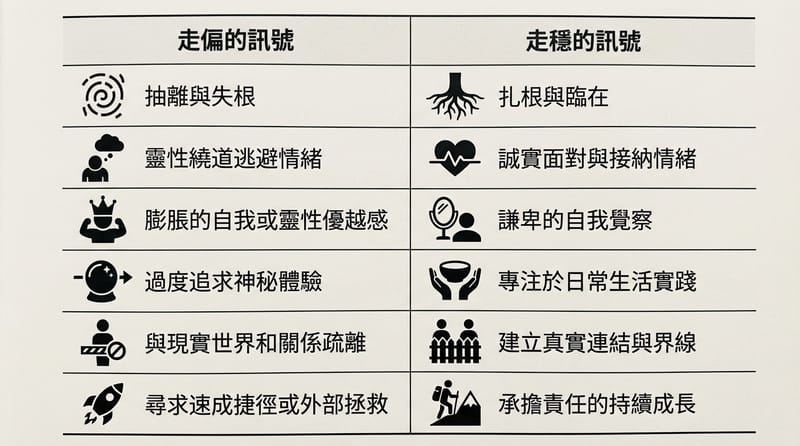 圖片 3（轉折處｜比較或細節）：走偏 vs 走穩的差別（解離/靈性逃避對照）