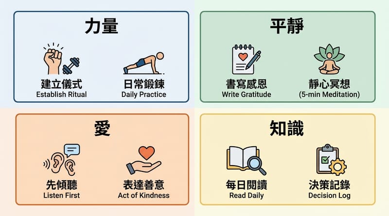 圖片 4（結尾前｜總結）：四個你真正想要的，對應到可做的日常小動作