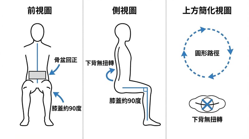 圖 3｜同一個動作三個視角：你要盯的不是腳，是骨盆