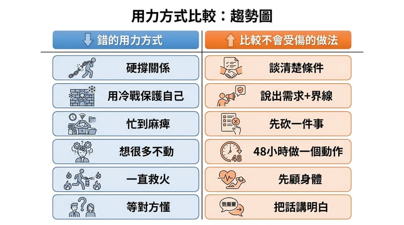 圖 5：錯的用力方式 vs 這次比較不會受傷的做法