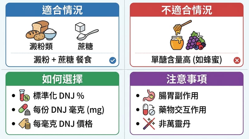 圖片4：結尾懶人包圖卡，四格放下「適合用／不適合用／怎麼挑／先注意什麼」