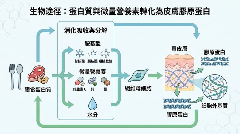 核心機制：從胺基酸到 collagen／extracellular matrix 的「材料路徑」