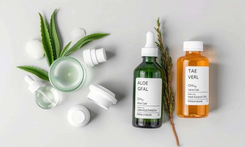 展示不同洗髮精成分的概念，一些是溫和的植物萃取，一些是藥性成分的化學符號