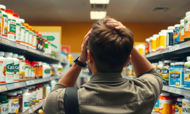 在琳瑯滿目的保健品前感到困惑的消費者