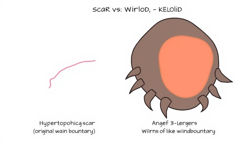 肥厚性疤痕（左）和蟹足腫（右）的生長範圍是最大的區別。