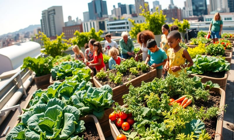 社區花園場景：居民們正在都市的一角種植蔬菜
