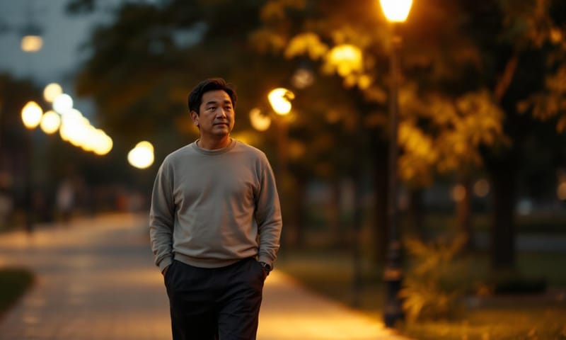 傍晚在公園裡散步，消化晚餐也消化思緒