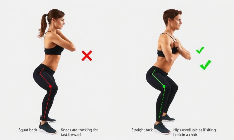 深蹲姿勢對照：左邊是錯誤示範（傷膝蓋），右邊才是對的