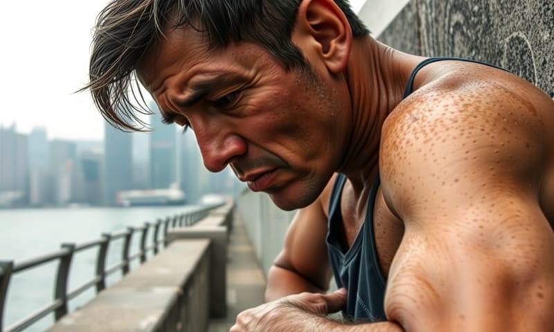 在香港濕熱的港邊，一名跑者筋疲力盡地停了下來。