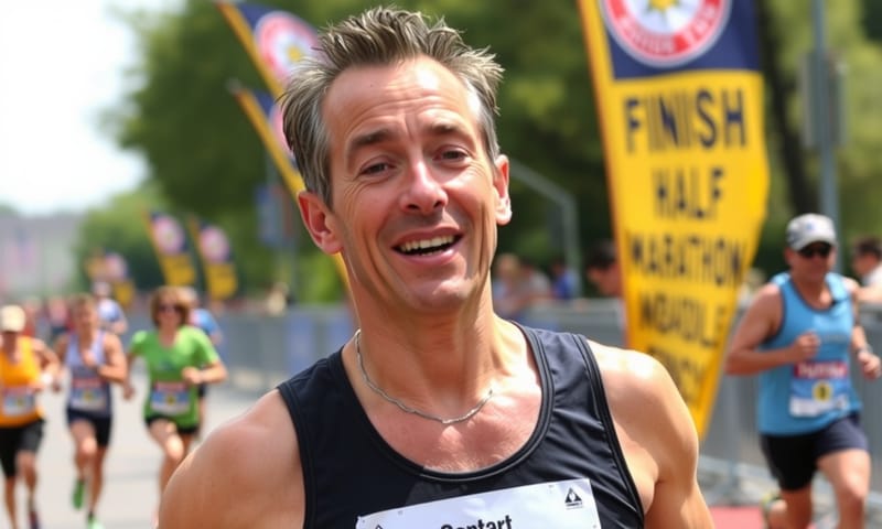 一個中年跑者衝過終點線時，臉上充滿驚喜和喜悅的表情。