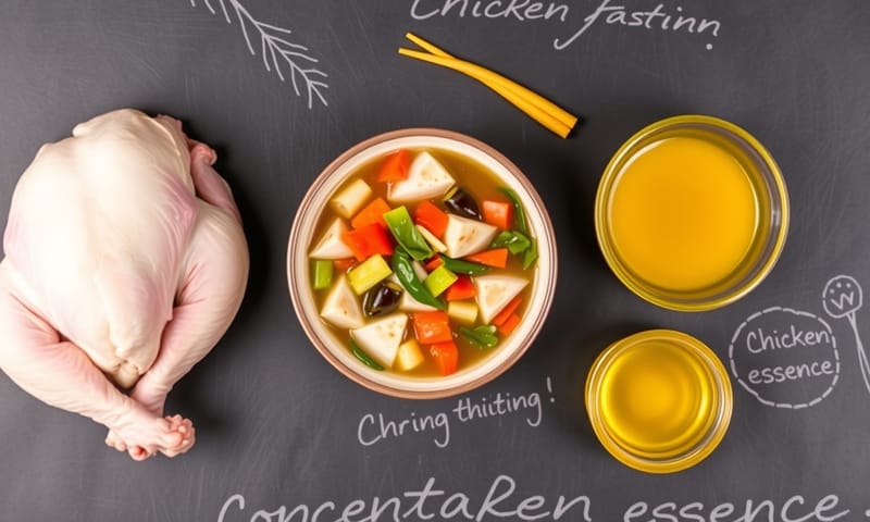 從全雞到一碗湯,再濃縮到一小碗精華的過程示意