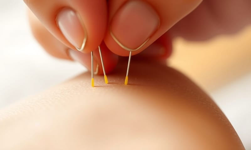 針灸的特寫，顯示針尖輕柔地接觸皮膚穴位，傳達一種精準與療癒感。